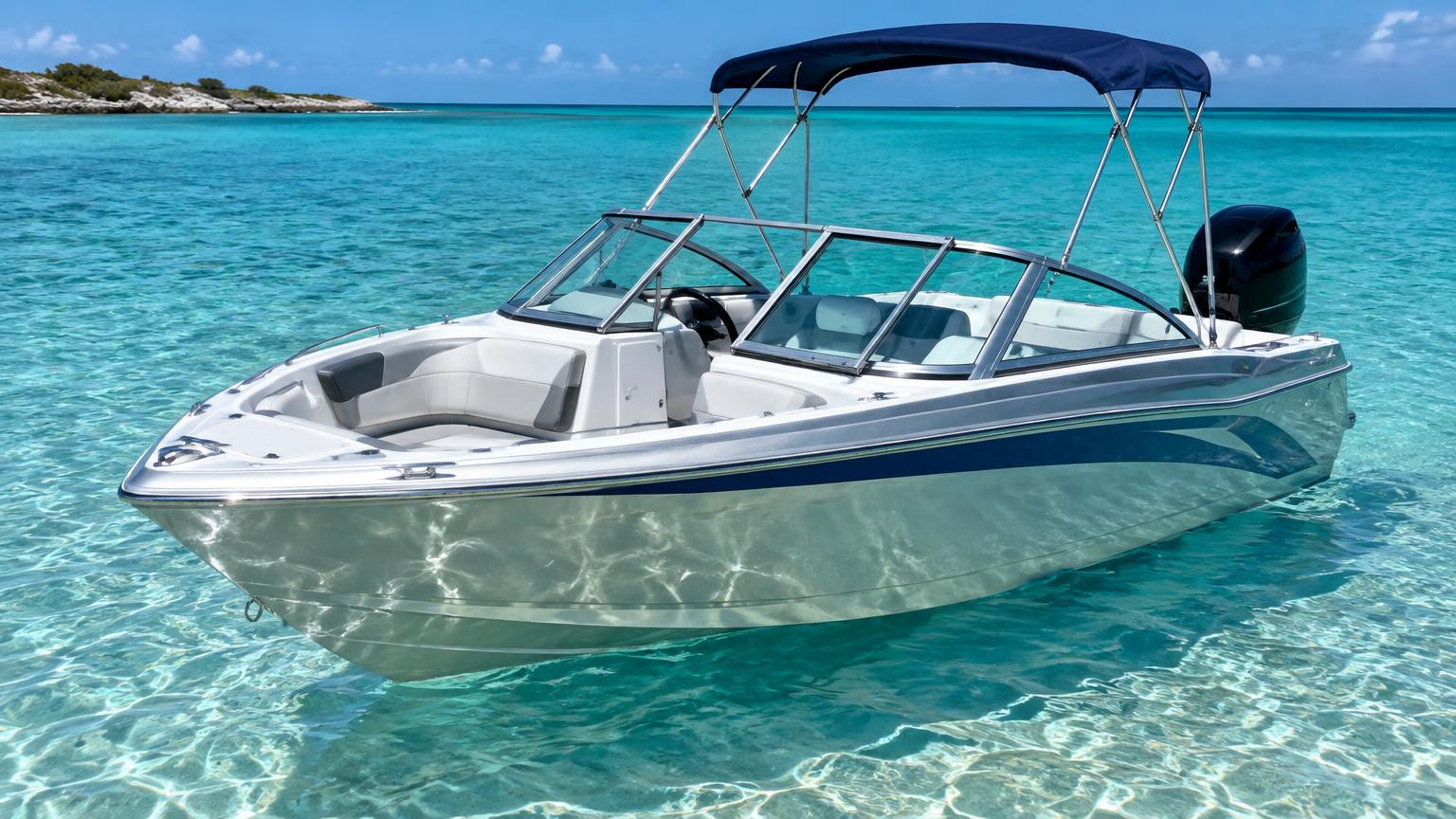 Quintrex 481 Cruiseabout Bowrider Amazing Photo by www.BOWRIDER-BOATS.com — Quintrex 481 Cruiseabout bowrider boat, side and stern viewbow view at rest on crystal clear turquoise water, 15.8 ft aluminium hull with outboard propulsion. Images Created by www.Bowrider-Boats.com