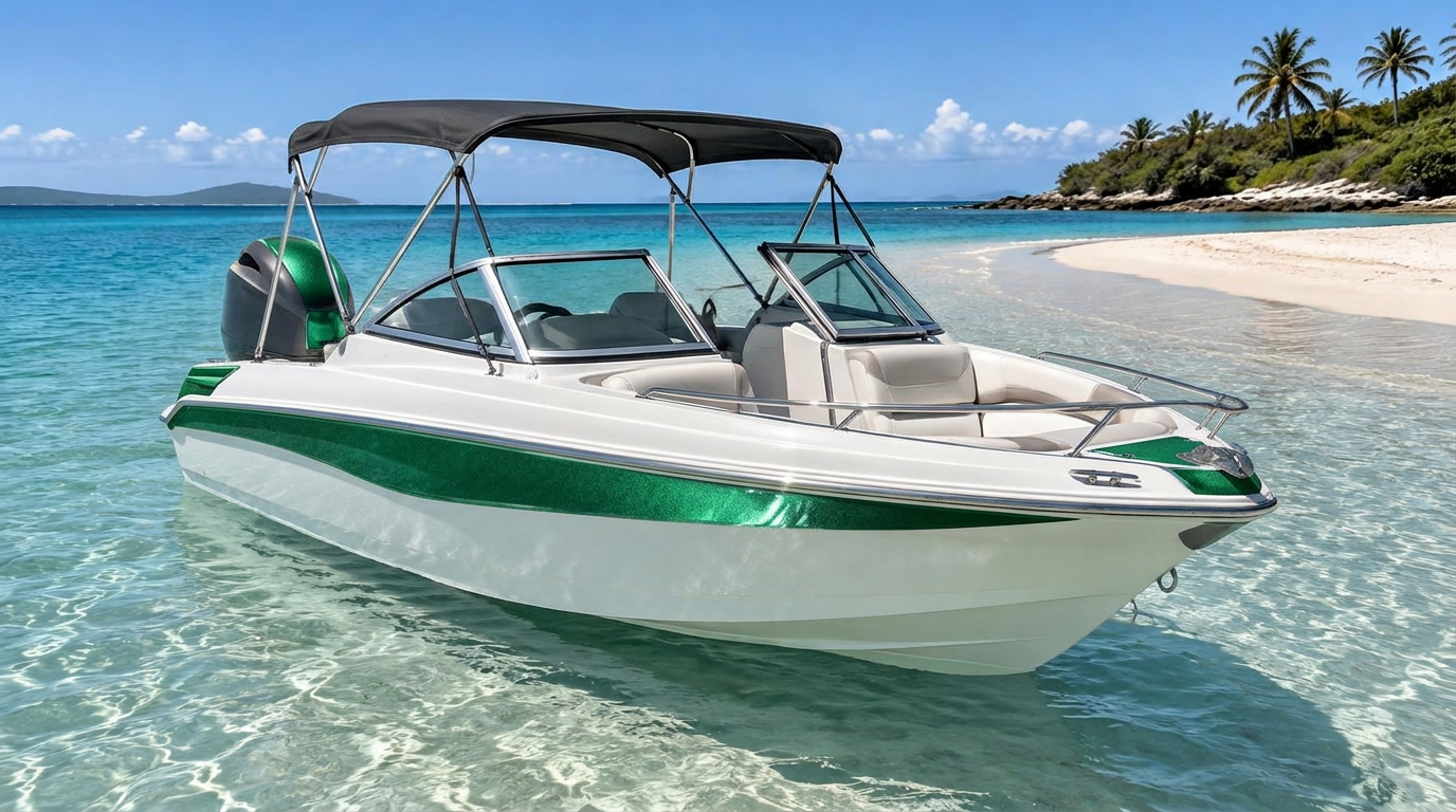 Quintrex 510 Cruiseabout Bowrider Amazing Photo by www.BOWRIDER-BOATS.com — Quintrex 510 Cruiseabout bowrider boat, side and stern viewbow view at rest on crystal clear turquoise water, 16.7 ft aluminium hull with outboard propulsion. Images Created by www.Bowrider-Boats.com
