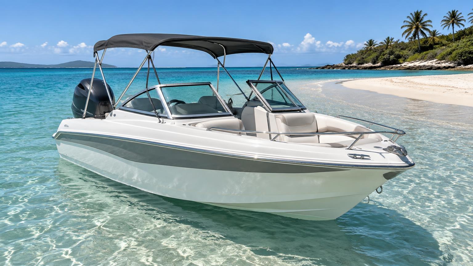 Quintrex 520 Cruiseabout Bowrider Amazing Photo by www.BOWRIDER-BOATS.com — Quintrex 520 Cruiseabout bowrider boat, side and stern viewbow view at rest on crystal clear turquoise water, 17.1 ft aluminium hull with outboard propulsion. Images Created by www.Bowrider-Boats.com
