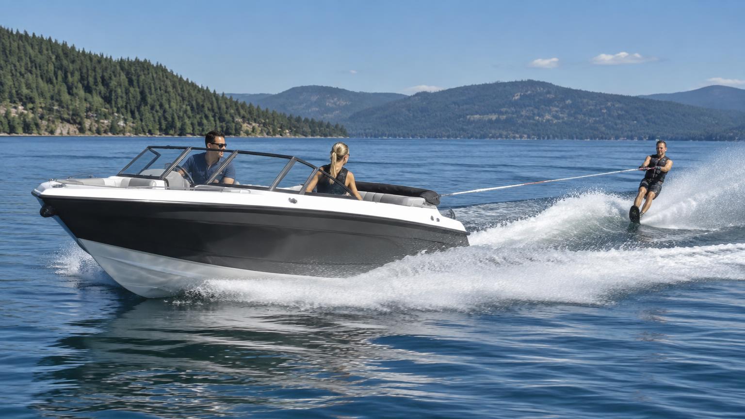 Bryant Boats Calandra Bowrider Amazing Photo by www.BOWRIDER-BOATS.com — Bryant Boats Calandra bowrider boat, on the water, 20.5 ft fibreglass hull with stern drive propulsion. Images Created by www.Bowrider-Boats.com