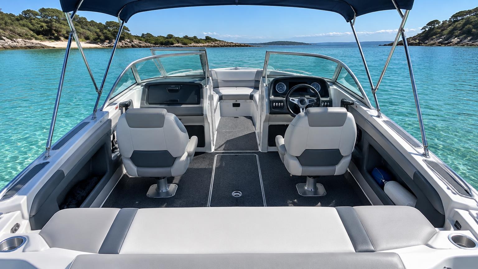 Quintrex 540 Cruiseabout style aluminium Bowrider Amazing Photo by www.BOWRIDER-BOATS.com — Quintrex 540 Cruiseabout style aluminium bowrider cockpit interior seating with twin bolster seats, broad rear lounge, long ski locker and split walk-through windscreen. Images Created by www.Bowrider-Boats.com