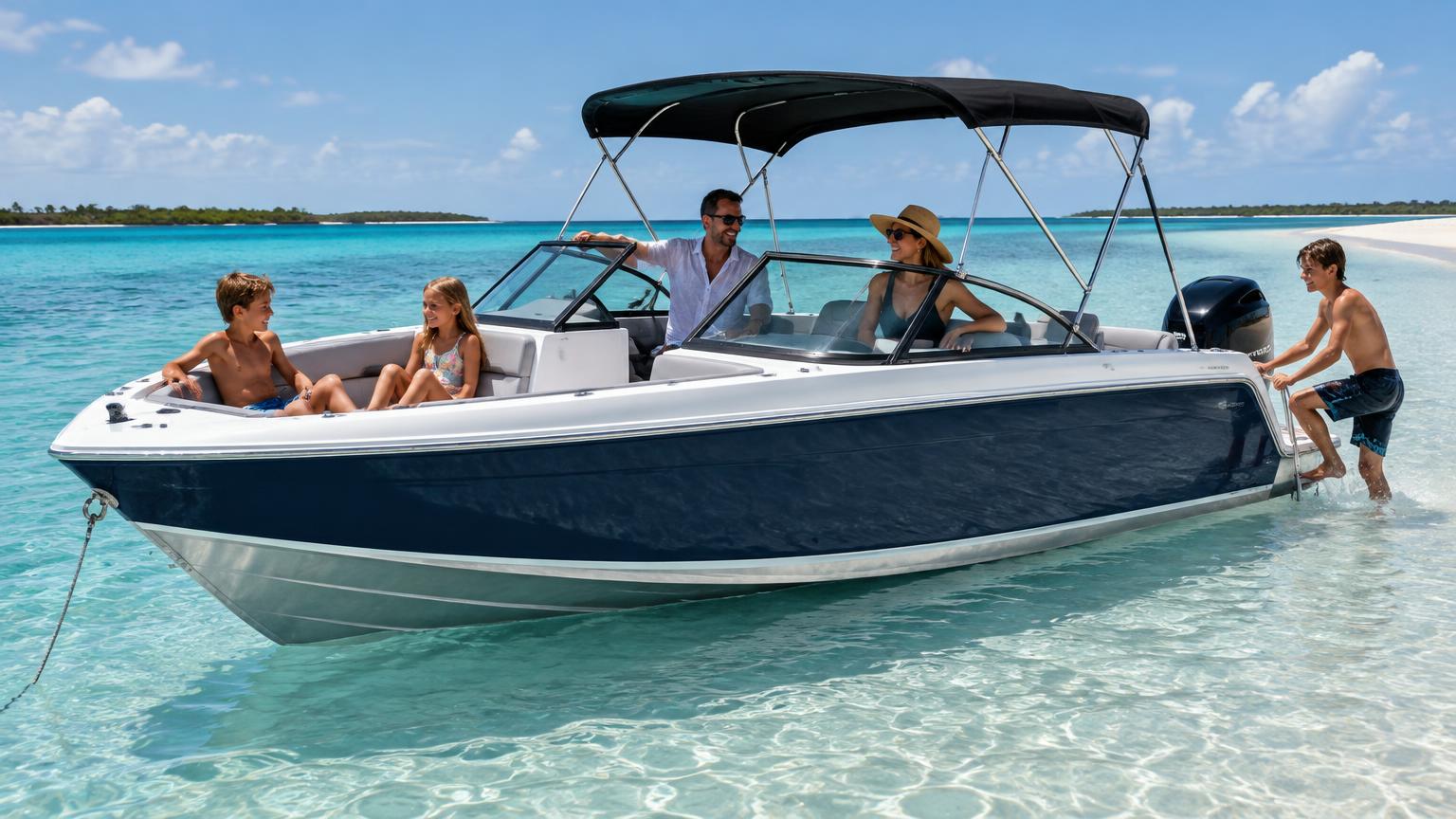 Quintrex 540 Cruiseabout aluminium Bowrider Amazing Photo by www.BOWRIDER-BOATS.com — Quintrex 540 Cruiseabout aluminium bowrider with family enjoying a tropical sandbar in clear blue Australian water. Images Created by www.Bowrider-Boats.com