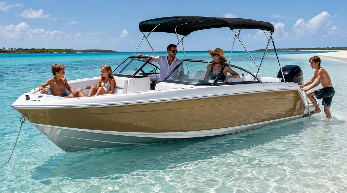 Quintrex 590 Cruiseabout Bowrider Amazing Photo by www.BOWRIDER-BOATS.com — Quintrex 590 Cruiseabout bowrider boat, family enjoying a gold and bronze bowrider at a tropical sandbar, 19.4 ft aluminium hull with outboard propulsion. Images Created by www.Bowrider-Boats.com