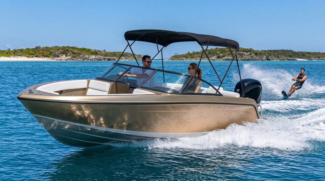 Bowrider Boat Amazing Photo by www.BOWRIDER-BOATS.com — Quintrex 590 Cruiseabout style 5.9 metre metallic gold and bronze aluminium bowrider towing an adult water skier across blue water with driver and spotter aboard. Images Created by www.Bowrider-Boats.com