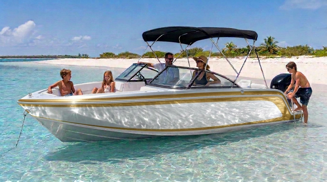 Tahoe Boats T21 Bowrider Amazing Photo by www.BOWRIDER-BOATS.com — Tahoe Boats T21 bowrider boat, on the water, 21.0 ft fibreglass hull with outboard propulsion. Images Created by www.Bowrider-Boats.com