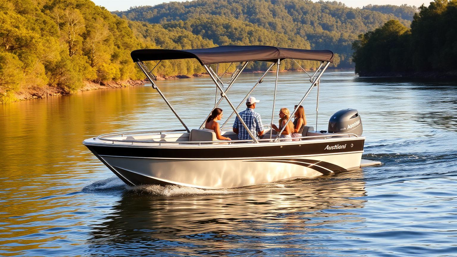 Bowrider Boat Amazing Photo by www.BOWRIDER-BOATS.com — Family cruising a wide river in an aluminium bowrider with the bimini top up at golden hour. Images Created by www.Bowrider-Boats.com