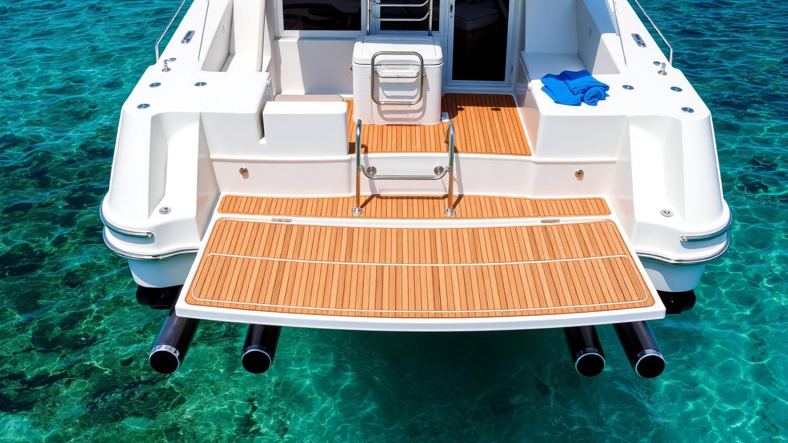 Stern of a 25-foot Bowrider Amazing Photo by www.BOWRIDER-BOATS.com — Stern of a 25-foot bowrider with a wide teak-look swim platform and boarding ladder over clear water. Images Created by www.Bowrider-Boats.com