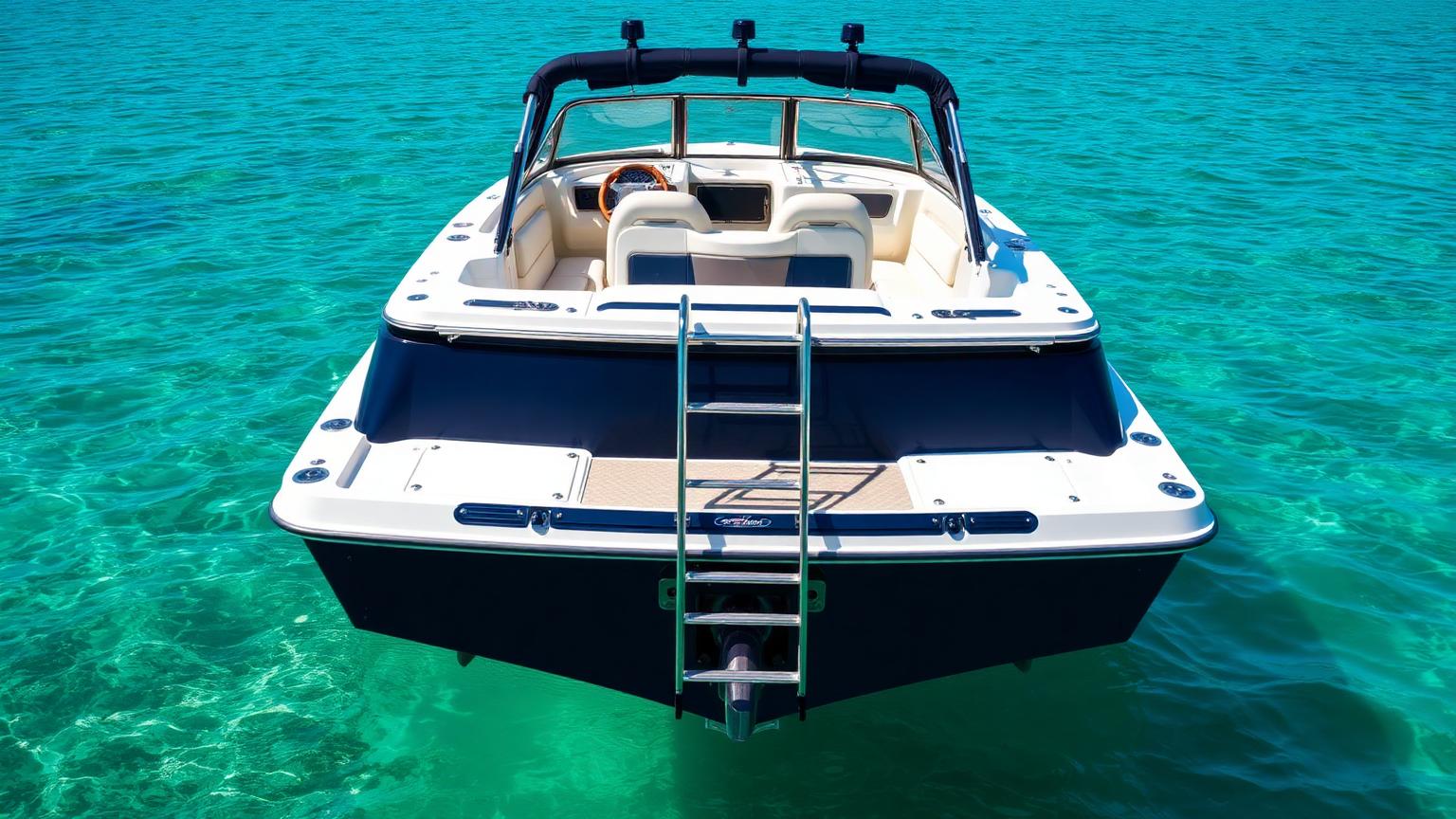 Bowrider Boat Amazing Photo by www.BOWRIDER-BOATS.com — Rear stern and swim platform view of a navy 21-foot sport bowrider showing swim platform, boarding ladder and rear lounge. Images Created by www.Bowrider-Boats.com