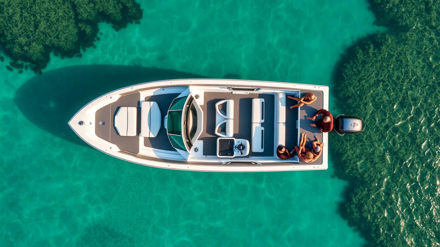 Aerial top-down view of a 21-foot sport Bowrider Amazing Photo by www.BOWRIDER-BOATS.com — Aerial top-down view of a 21-foot sport bowrider deck with bow lounge, helm dash and driver's console seats and rear bench. Images Created by www.Bowrider-Boats.com