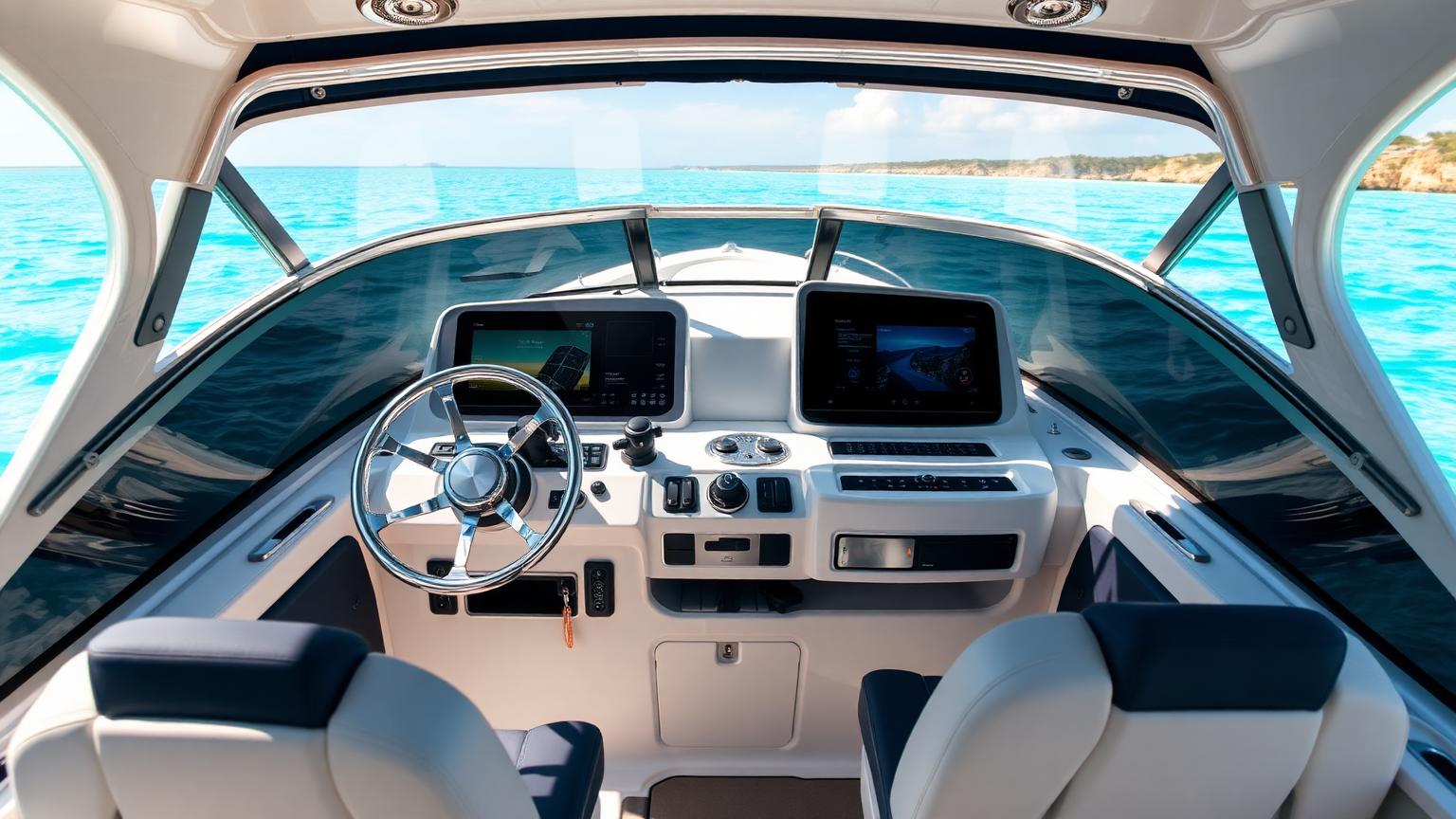 Bowrider Boat Amazing Photo by www.BOWRIDER-BOATS.com — Helm dash and driver's console of a 21-foot sport bowrider with stainless wheel and twin multifunction displays over turquoise water. Images Created by www.Bowrider-Boats.com