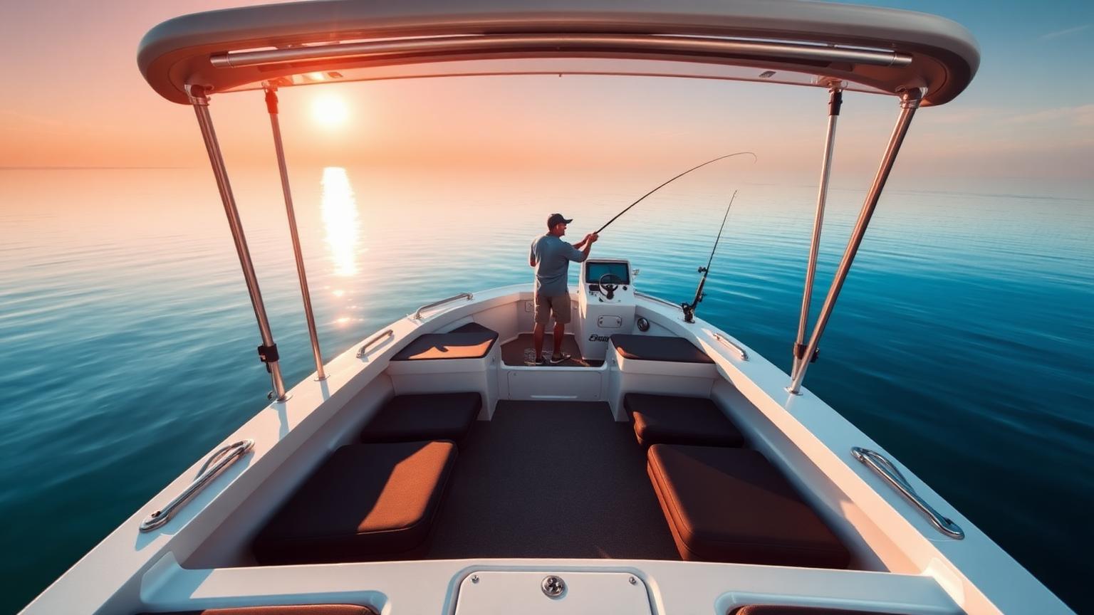 Bowrider Boat Amazing Photo by www.BOWRIDER-BOATS.com — Angler casting from the bow casting deck of an aluminium bowrider at sunrise. Images Created by www.Bowrider-Boats.com