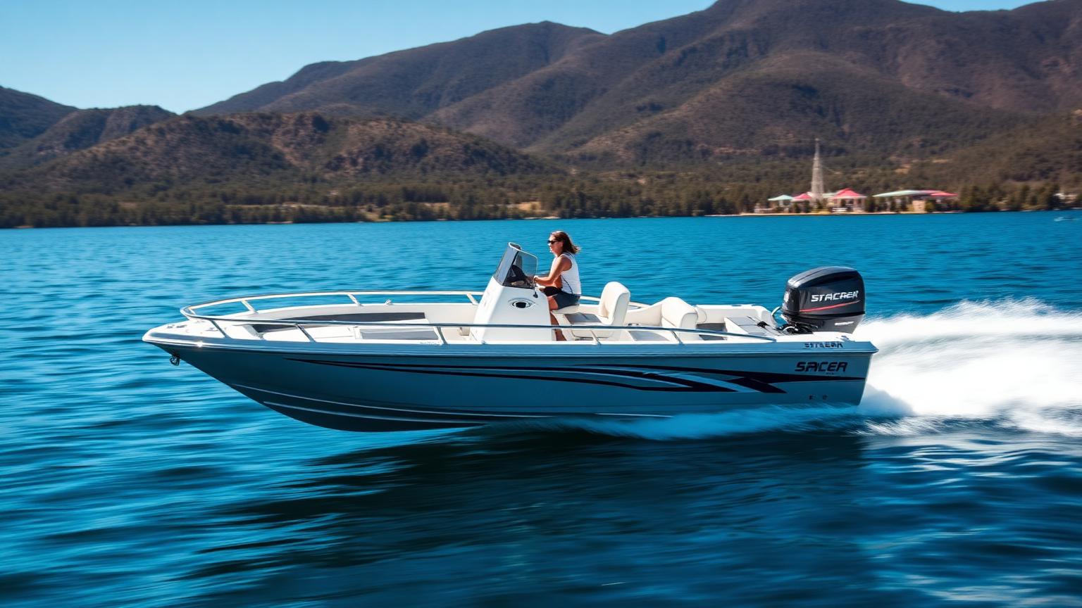 Stacer Wild Rider 519 style aluminium Bowrider Amazing Photo by www.BOWRIDER-BOATS.com — Stacer Wild Rider 519 style aluminium bowrider on plane across a blue lake with hills behind. Images Created by www.Bowrider-Boats.com