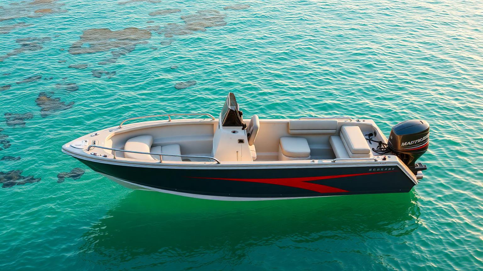Stacer Wild Rider 539 style Bowrider Amazing Photo by www.BOWRIDER-BOATS.com — Stacer Wild Rider 539 style bowrider with charcoal hull and red stripe moored in turquoise water. Images Created by www.Bowrider-Boats.com