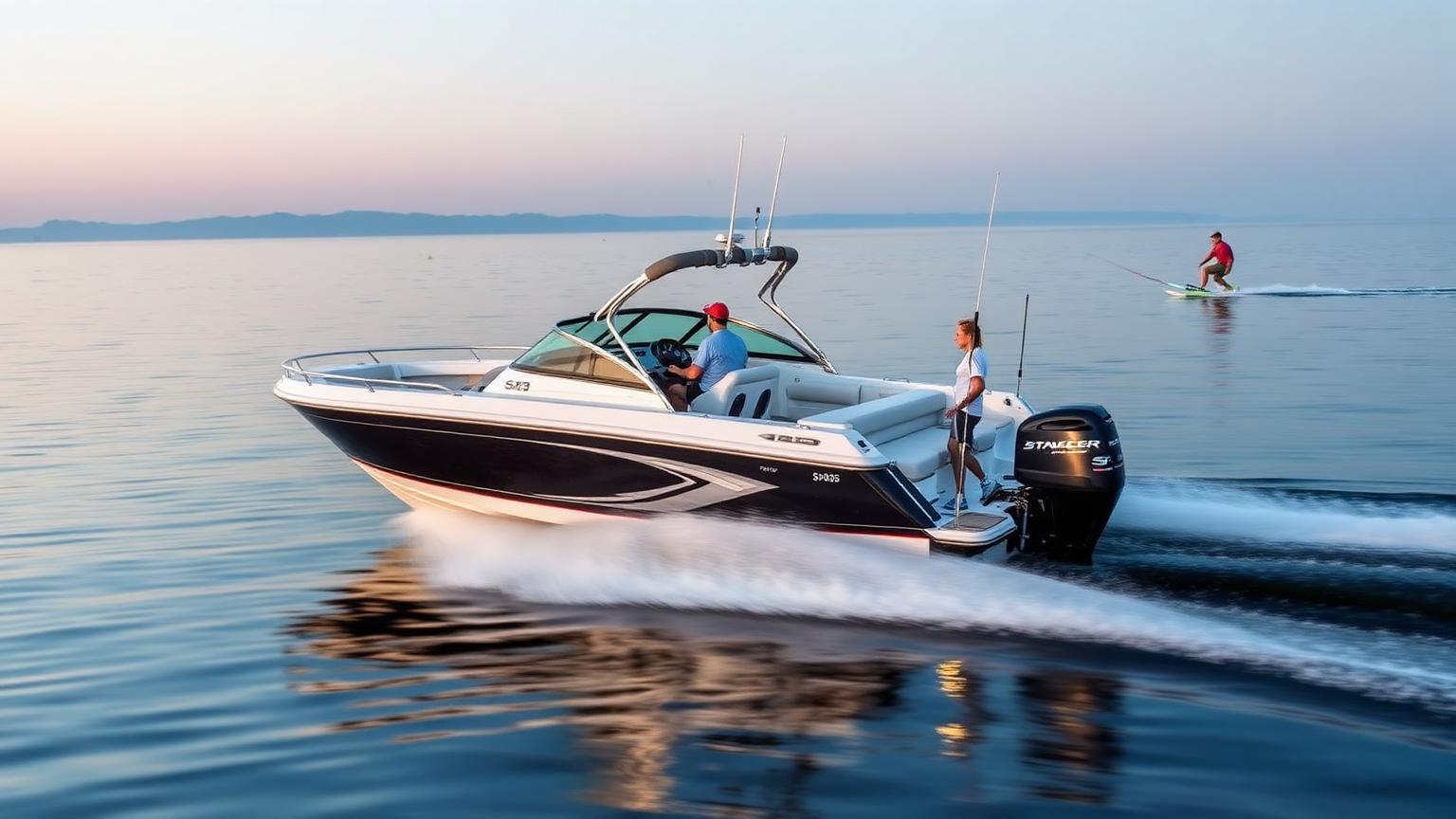 Bowrider Boat Amazing Photo by www.BOWRIDER-BOATS.com — Bowrider towing a slalom water skier on flat lake water at dawn with a spotter watching. Images Created by www.Bowrider-Boats.com