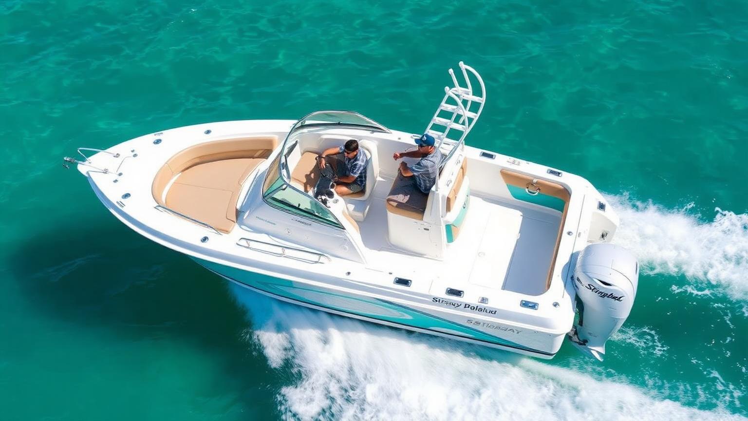 Stingray style 19-foot dual-console Bowrider Amazing Photo by www.BOWRIDER-BOATS.com — Stingray style 19-foot dual-console bowrider with outboard power cruising on turquoise water. Images Created by www.Bowrider-Boats.com