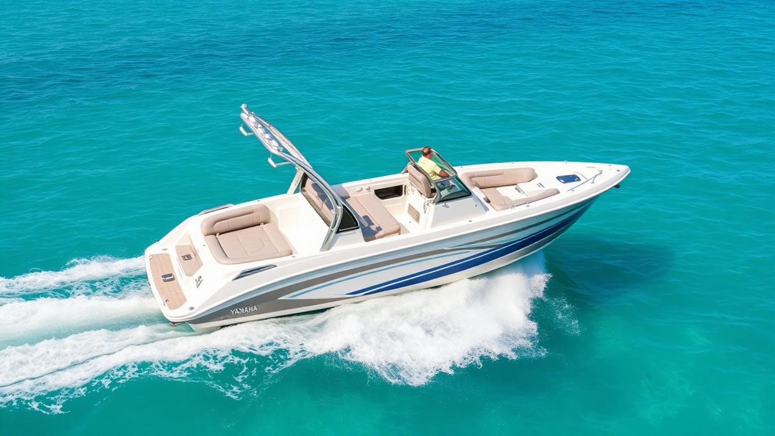 Yamaha style 19-foot jet-drive Bowrider Amazing Photo by www.BOWRIDER-BOATS.com — Yamaha style 19-foot jet-drive bowrider with blue graphics cruising on turquoise water. Images Created by www.Bowrider-Boats.com
