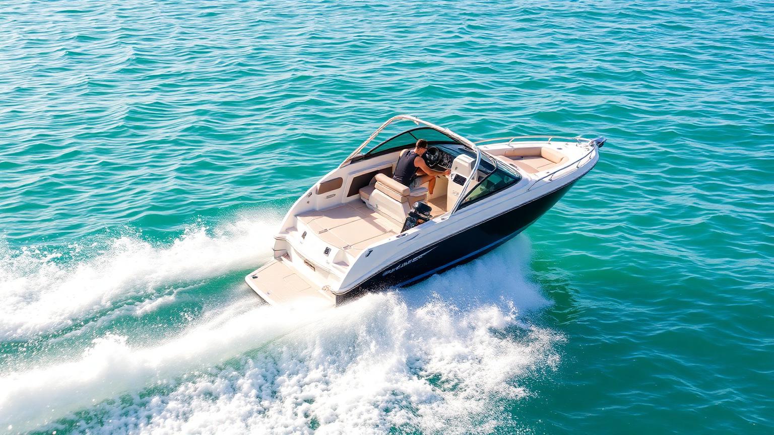 Bowrider Boat Amazing Photo by www.BOWRIDER-BOATS.com — 19-foot jet-drive bowrider carving a hard turn with a flat swim deck stern on turquoise water. Images Created by www.Bowrider-Boats.com