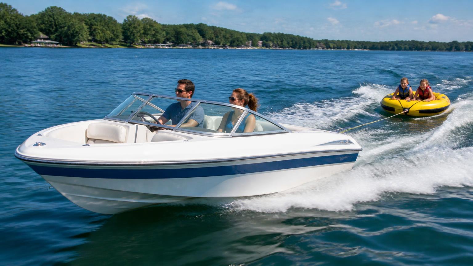 Bayliner 185 Bowrider bowrider boat, towing an inflatable biscuit, 18.5 ft fibreglass hull with stern drive propulsion. Images and Photos created by www.bowrider-boats.com