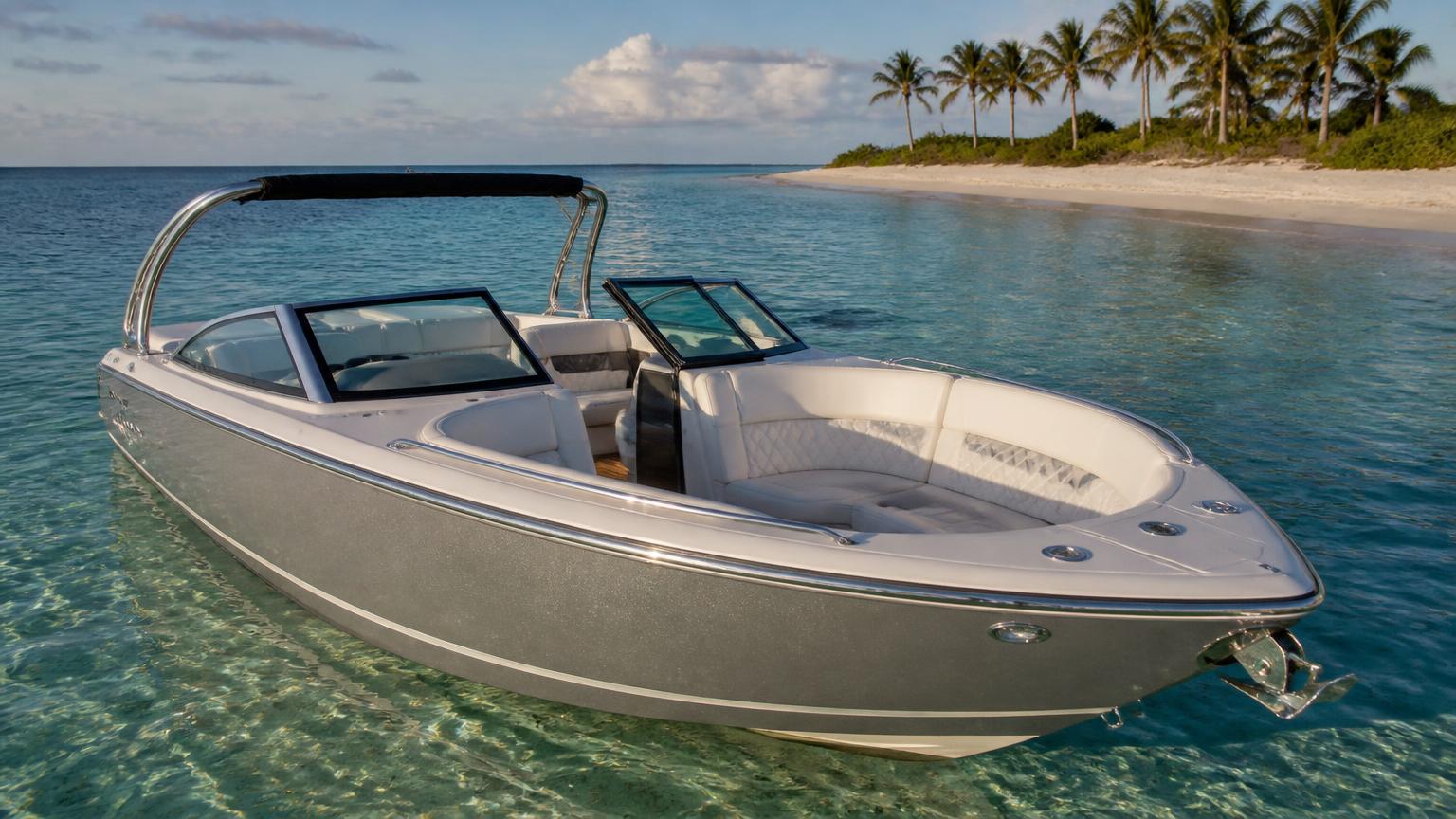 Cobalt R6 bowrider boat, golden-hour profile and bow lounge detail, 24.3 ft fibreglass hull with stern drive propulsion. Images and Photos created by www.bowrider-boats.com