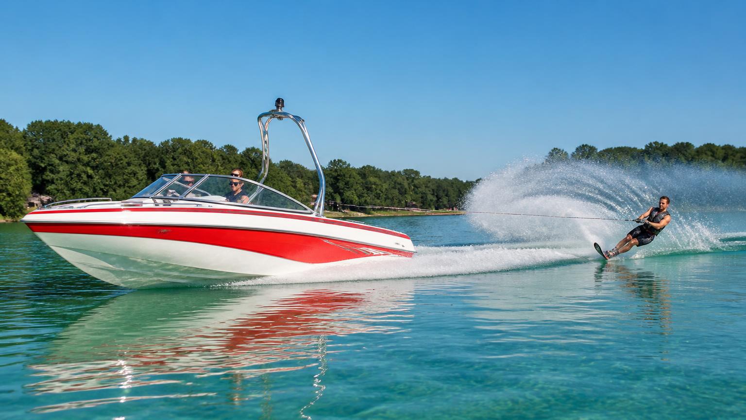 Malibu Response TXi bowrider boat, towing a slalom skier, 20.5 ft fibreglass hull with inboard propulsion. Images and Photos created by www.bowrider-boats.com