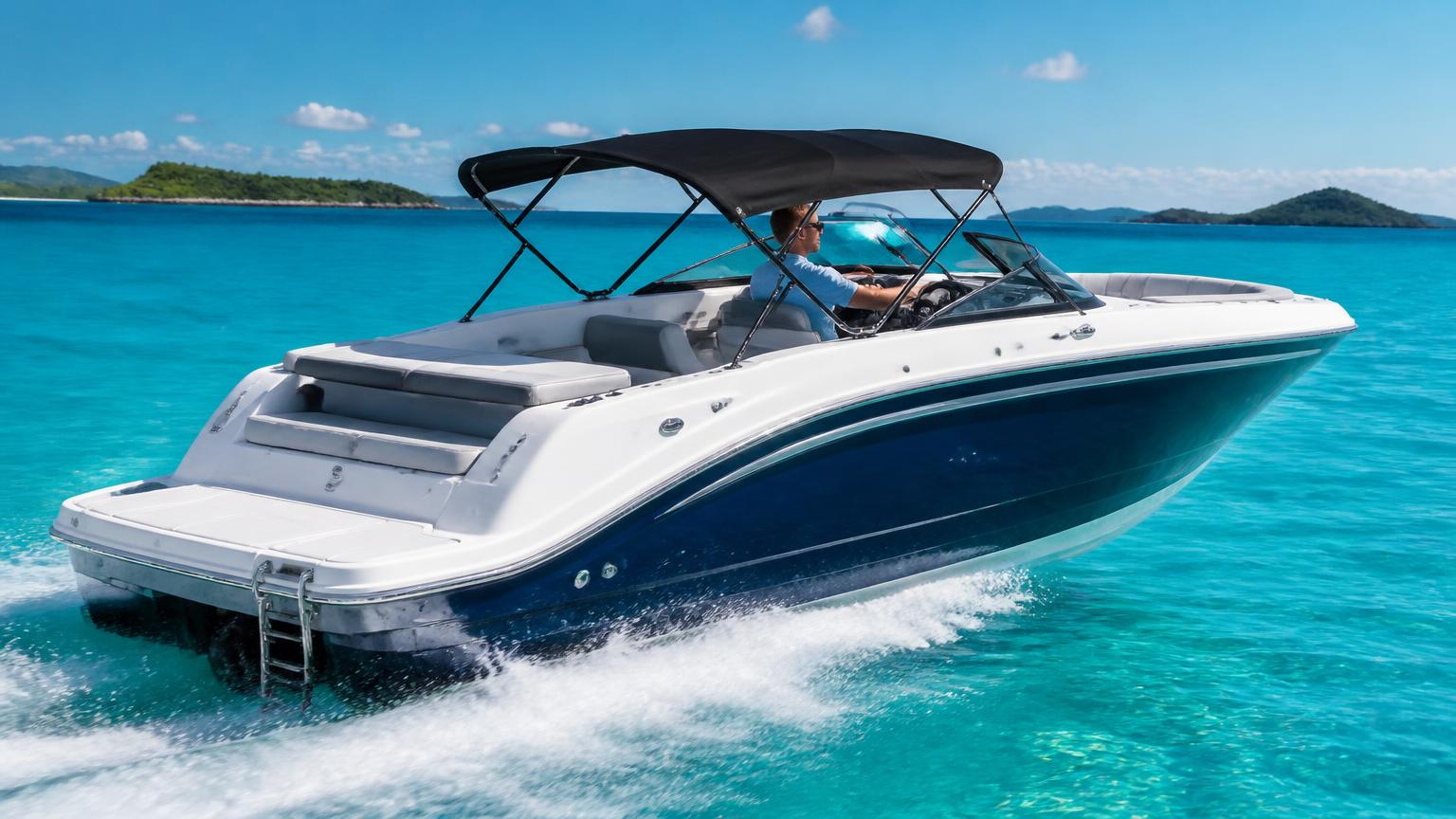 Sea Ray SPX 210 bowrider boat, running at speed, 21.5 ft fibreglass hull with stern drive propulsion. Images and Photos created by www.bowrider-boats.com