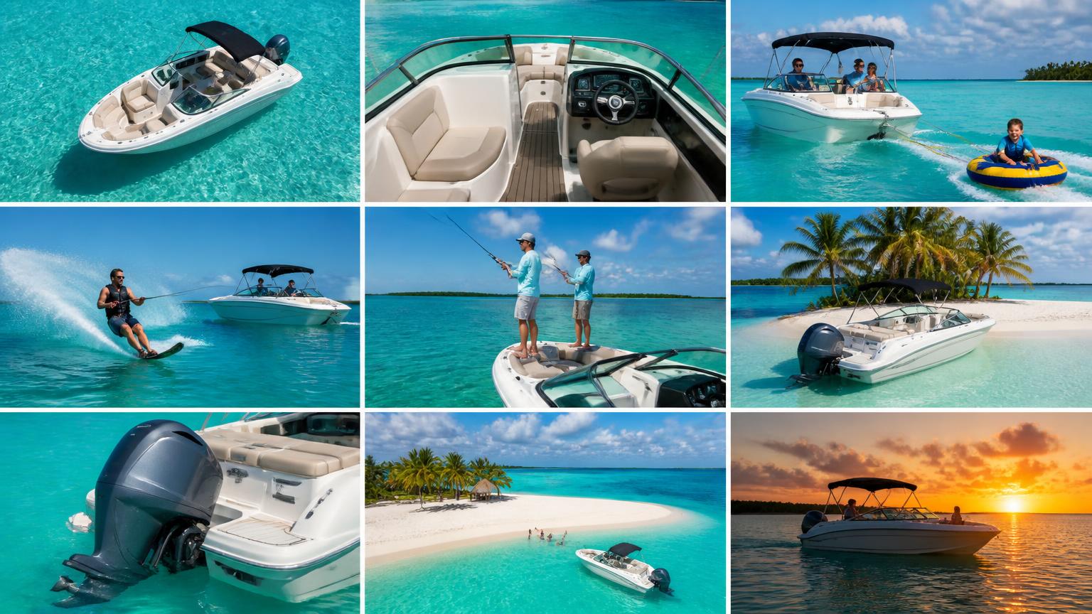 Nine photo grid montage of Bowrider Amazing Photo by www.BOWRIDER-BOATS.com — Nine photo grid montage of bowrider boats water skiing, tube towing, fishing and cruising on turquoise water. Images Created by www.Bowrider-Boats.com