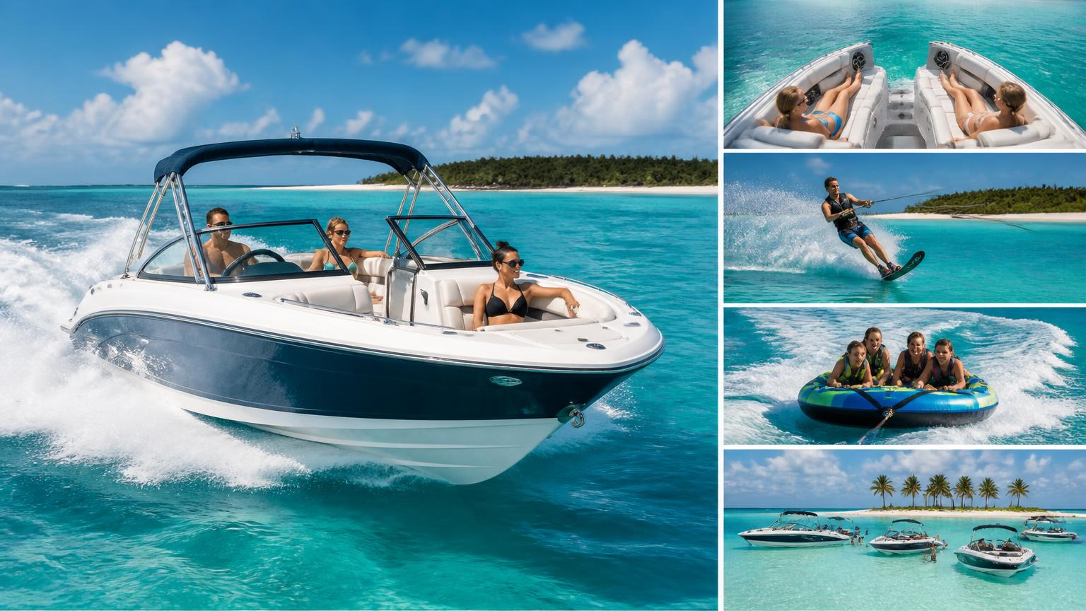 Bowrider Boat Amazing Photo by www.BOWRIDER-BOATS.com — Bowrider boat montage with a large hero photo of a boat running at speed and four smaller boating photos beside it. Images Created by www.Bowrider-Boats.com