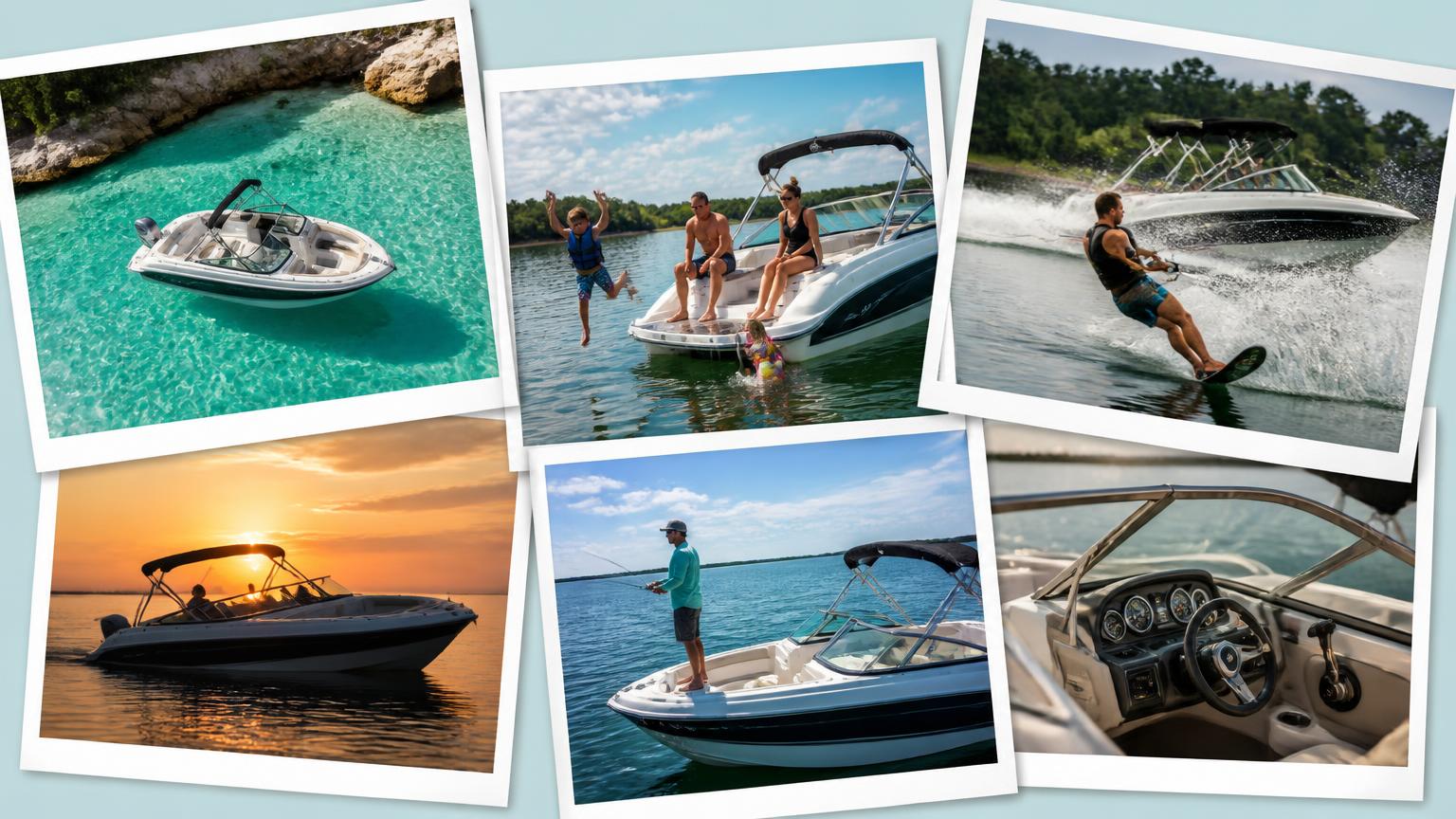 Bowrider Boat Amazing Photo by www.BOWRIDER-BOATS.com — Scattered polaroid style photo collage of bowrider boats, water skiing, fishing and family boating. Images Created by www.Bowrider-Boats.com