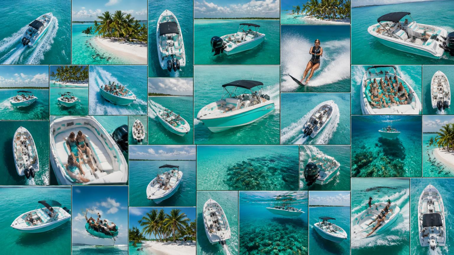 Edge to edge mosaic montage of many Bowrider Amazing Photo by www.BOWRIDER-BOATS.com — Edge to edge mosaic montage of many bowrider boat photos on bright turquoise water. Images Created by www.Bowrider-Boats.com