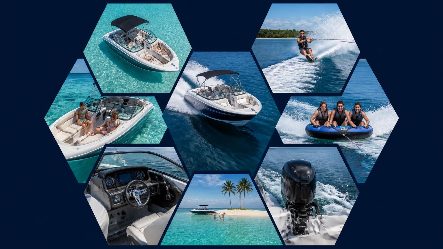 Honeycomb hexagon collage of Bowrider Amazing Photo by www.BOWRIDER-BOATS.com — Honeycomb hexagon collage of bowrider boat photos on a deep navy background. Images Created by www.Bowrider-Boats.com