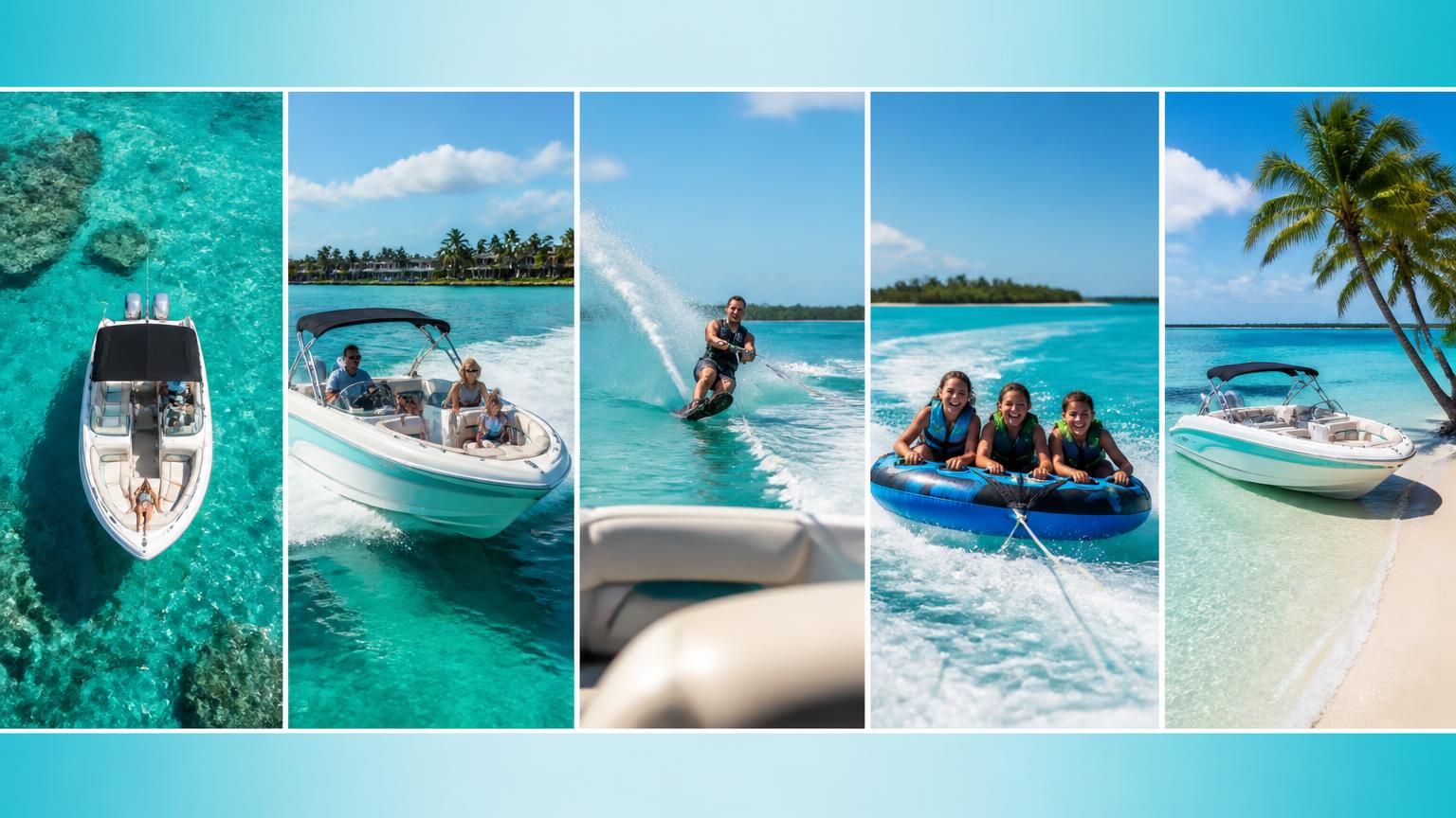 Panoramic filmstrip montage of five Bowrider Amazing Photo by www.BOWRIDER-BOATS.com — Panoramic filmstrip montage of five bowrider boating photos including water skiing and tube towing. Images Created by www.Bowrider-Boats.com