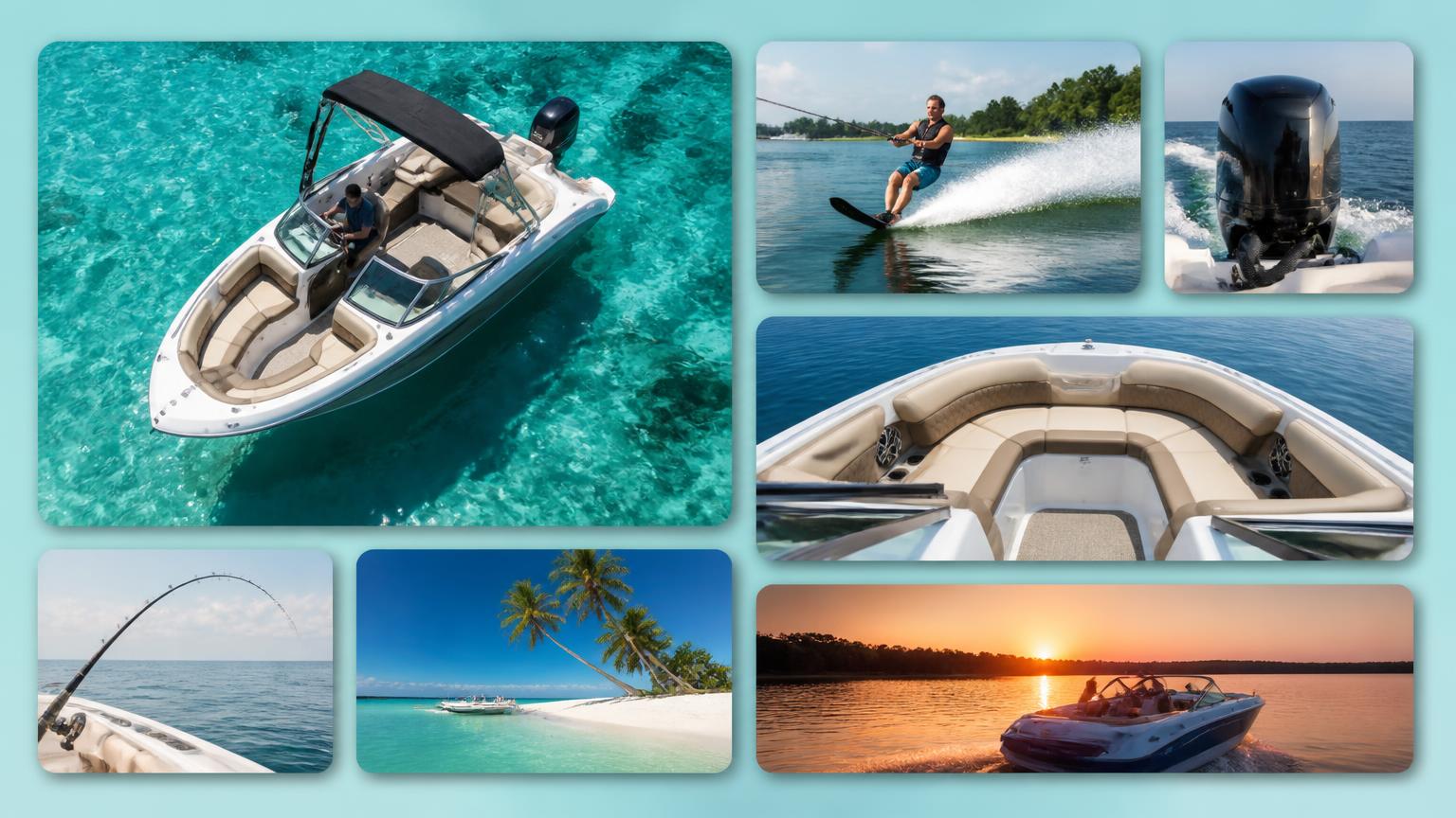 Bento style rounded card collage of Bowrider Amazing Photo by www.BOWRIDER-BOATS.com — Bento style rounded card collage of bowrider boat photos on an aqua gradient background. Images Created by www.Bowrider-Boats.com