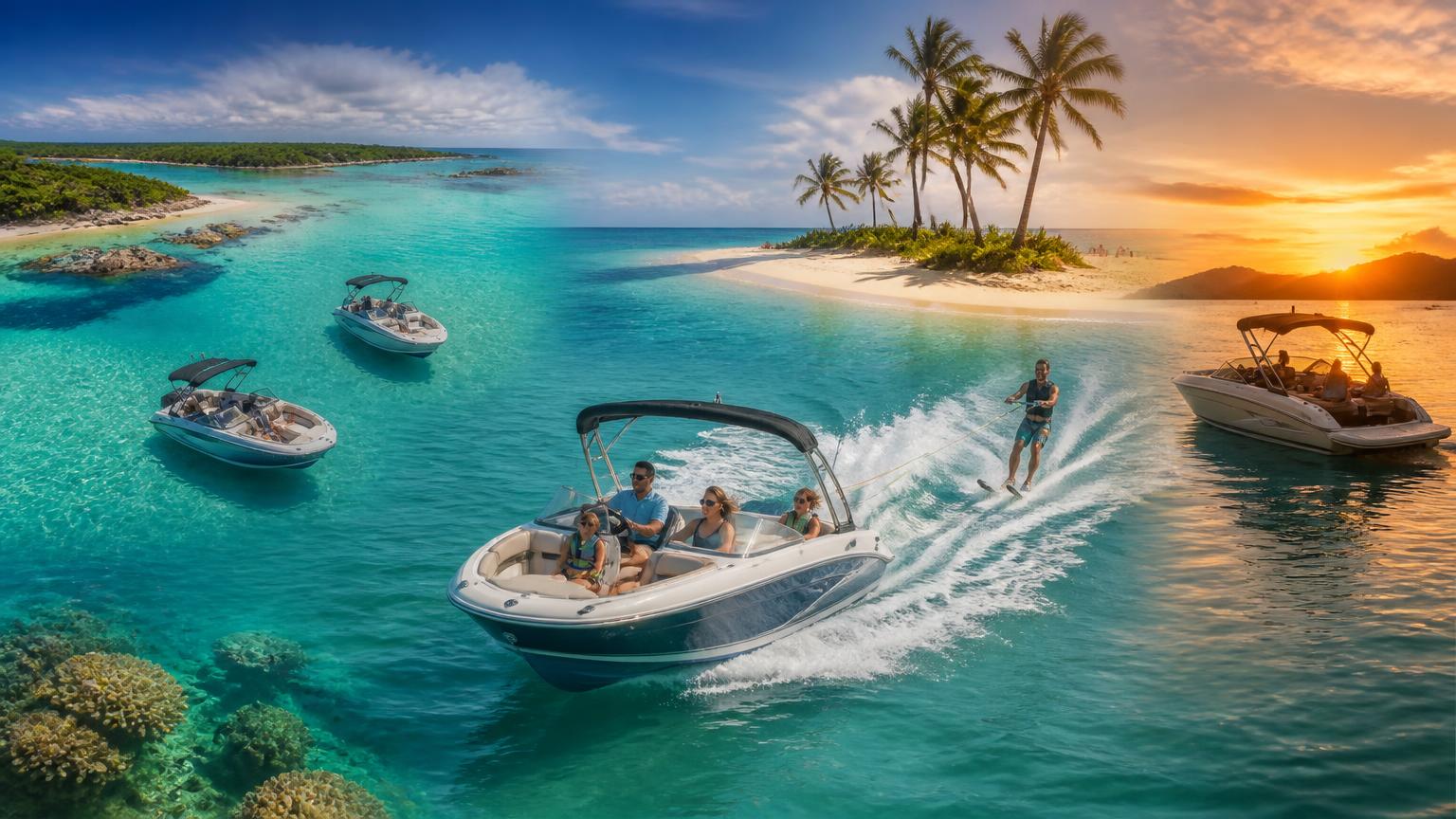 Blended panoramic composite of Bowrider Amazing Photo by www.BOWRIDER-BOATS.com — Blended panoramic composite of bowrider boats cruising, water skiing and moored by a palm sandbar from day to sunset. Images Created by www.Bowrider-Boats.com