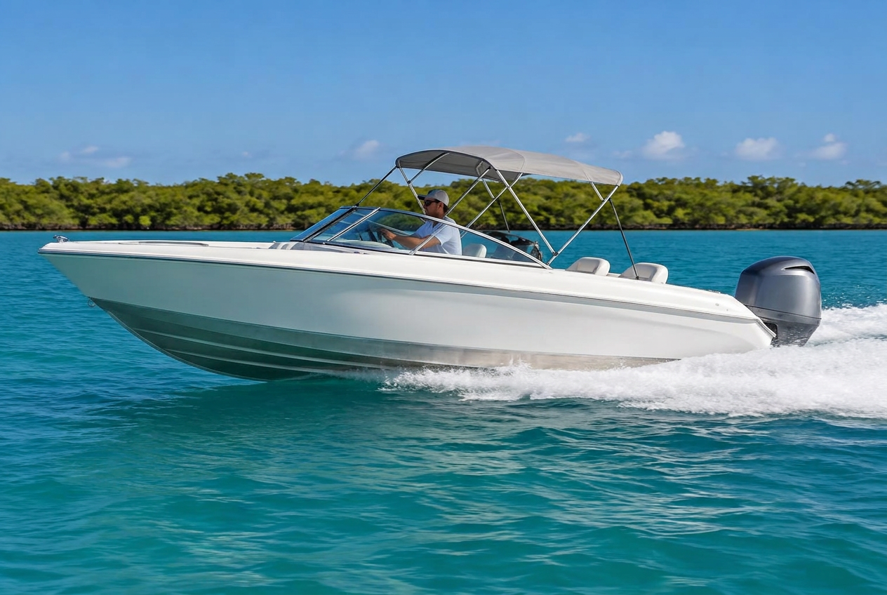 Quintrex Style Aluminium Bowrider Amazing Photo by www.BOWRIDER-BOATS.com — Quintrex Style Aluminium Bowrider On Water Amazing Photo by www.BOWRIDER-BOATS.com — White painted aluminium bowrider planing at speed across turquoise water with a completely dry bow and white foamy aerated wake beginning only at midship. Images Created by www.Bowrider-Boats.com. Images Created by www.Bowrider-Boats.com