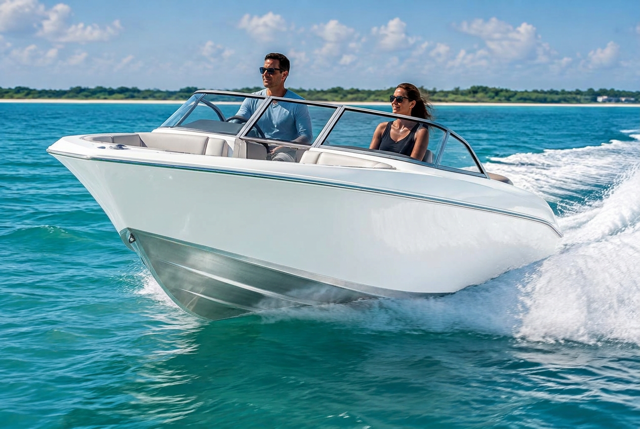 Aluminium Bowrider Amazing Photo by www.BOWRIDER-BOATS.com — Aluminium Bowrider Carolina Flare Spray Deflection Amazing Photo by www.BOWRIDER-BOATS.com — front bow and side view of a flared bow aluminium bowrider pushing water outward and downward away from the hull sides to keep passengers dry. Images Created by www.Bowrider-Boats.com. Images Created by www.Bowrider-Boats.com