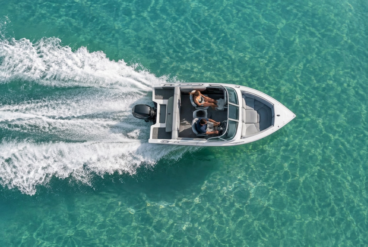 Aluminium Bowrider Amazing Photo by www.BOWRIDER-BOATS.com — Aluminium Bowrider Aerated Foam Cushion Aerial Amazing Photo by www.BOWRIDER-BOATS.com — Overhead aerial overhead view of a bowrider on clear turquoise water leaving a wide trail of white frothy aerated foam behind the hull. Images Created by www.Bowrider-Boats.com. Images Created by www.Bowrider-Boats.com
