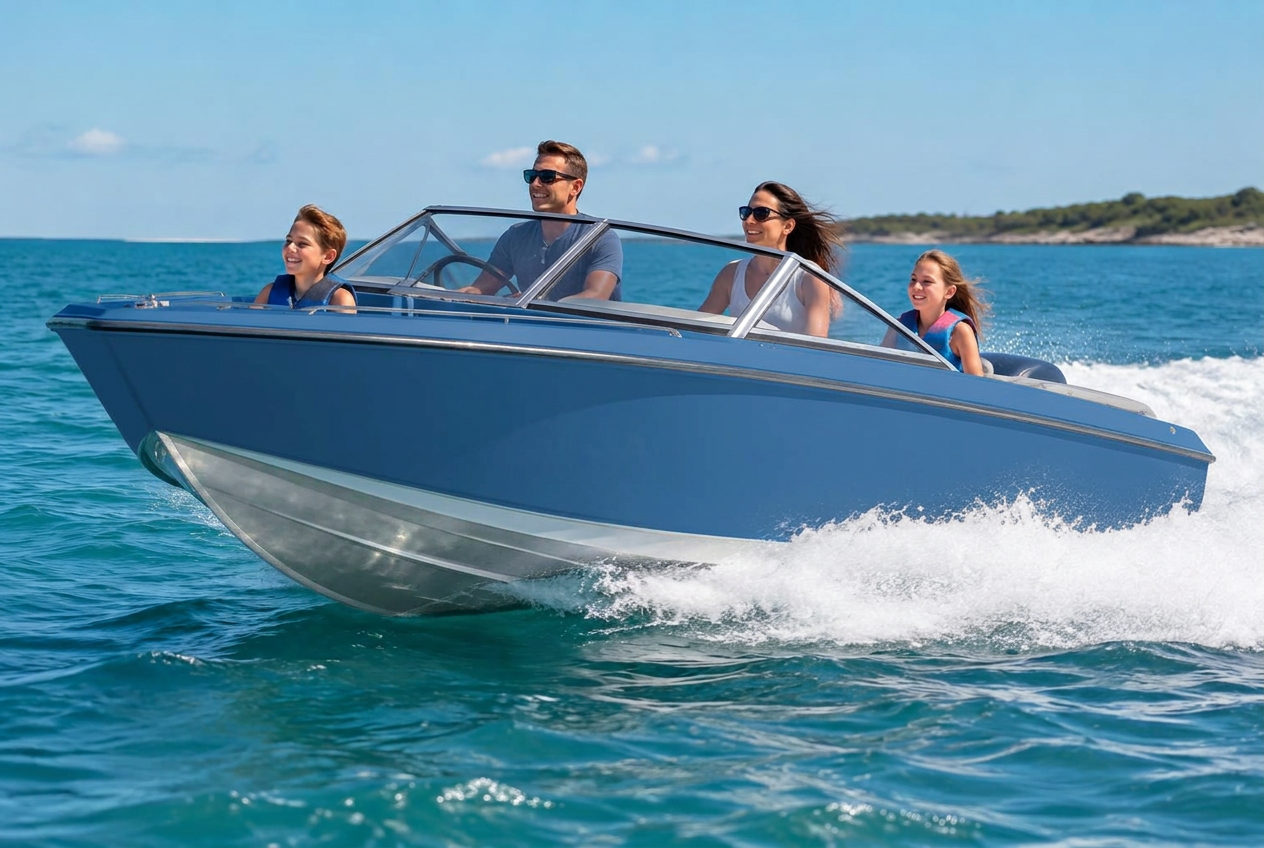 Family Aluminium Bowrider Amazing Photo by www.BOWRIDER-BOATS.com — Family Aluminium Bowrider Soft Ride In Chop Amazing Photo by www.BOWRIDER-BOATS.com — Dark blue hulled aluminium bowrider with white flared gunwales running through light chop with a dry, comfortable family on board. Images Created by www.Bowrider-Boats.com. Images Created by www.Bowrider-Boats.com