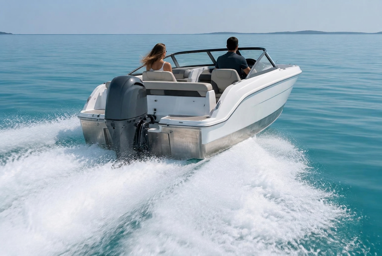 Aluminium Bowrider Amazing Photo by www.BOWRIDER-BOATS.com — Aluminium Bowrider Transom Foam Wake Amazing Photo by www.BOWRIDER-BOATS.com — rear stern and side view of a white aluminium bowrider accelerating with thick churning white aerated foam boiling out from under the transom and reverse chines. Images Created by www.Bowrider-Boats.com. Images Created by www.Bowrider-Boats.com