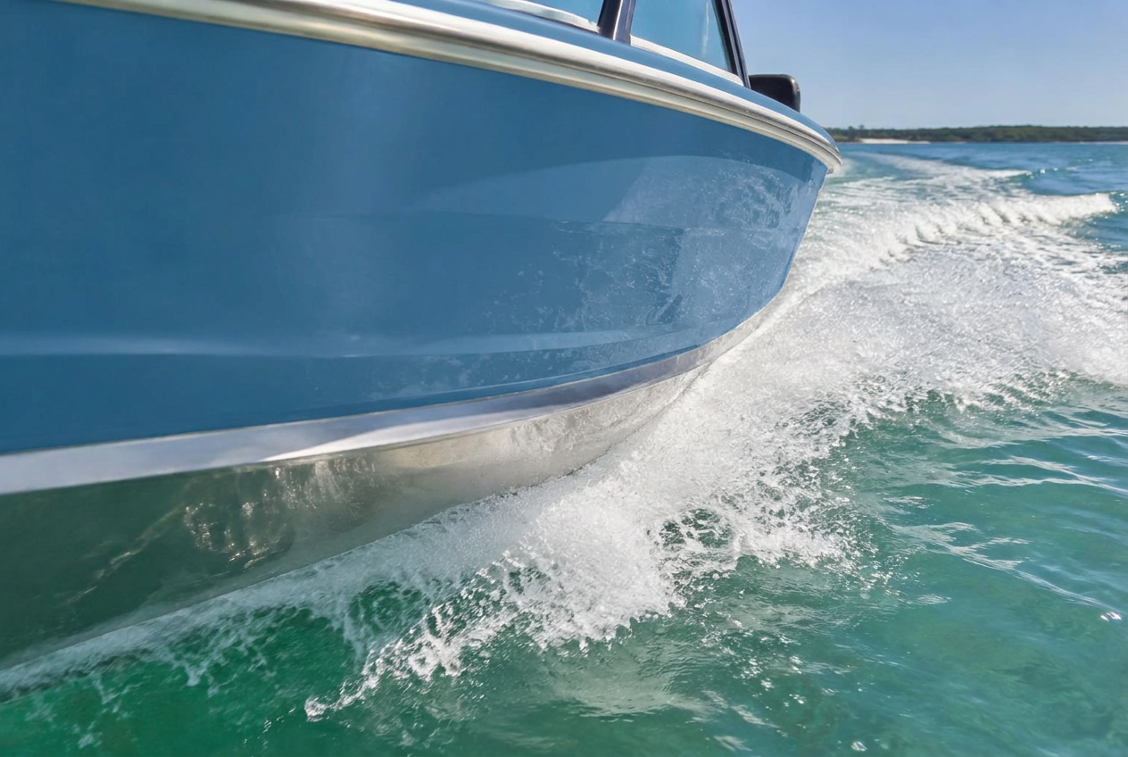 Aluminium Bowrider Amazing Photo by www.BOWRIDER-BOATS.com — Aluminium Bowrider Reverse Chine Detail Amazing Photo by www.BOWRIDER-BOATS.com — Close-up of the midship hull side of an aluminium bowrider at speed showing the reverse chine shelf throwing water outward as white aerated foam. Images Created by www.Bowrider-Boats.com. Images Created by www.Bowrider-Boats.com