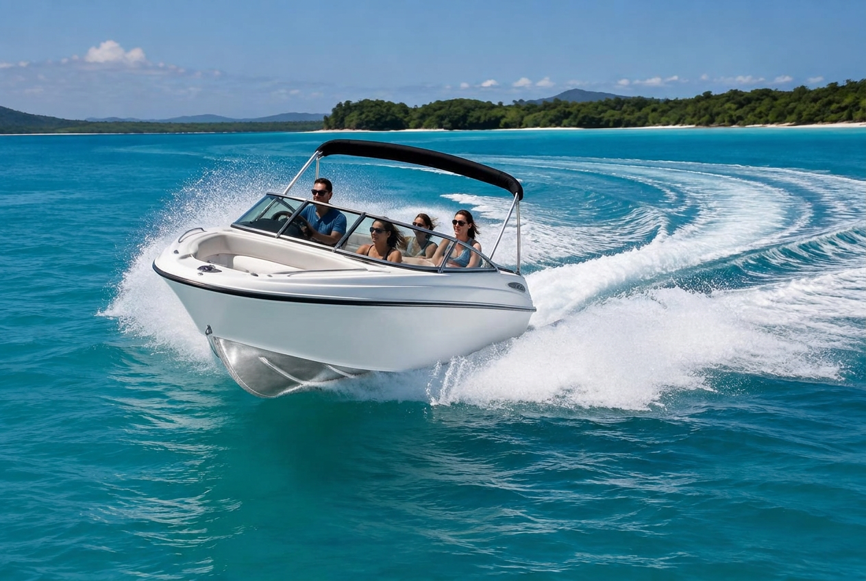 Aluminium Bowrider Amazing Photo by www.BOWRIDER-BOATS.com — Aluminium Bowrider Banked Turn Foam Arc Amazing Photo by www.BOWRIDER-BOATS.com — White bowrider carving a hard banked turn on turquoise water with a wide arc of white foamy aerated wake and passengers unsplashed. Images Created by www.Bowrider-Boats.com. Images Created by www.Bowrider-Boats.com