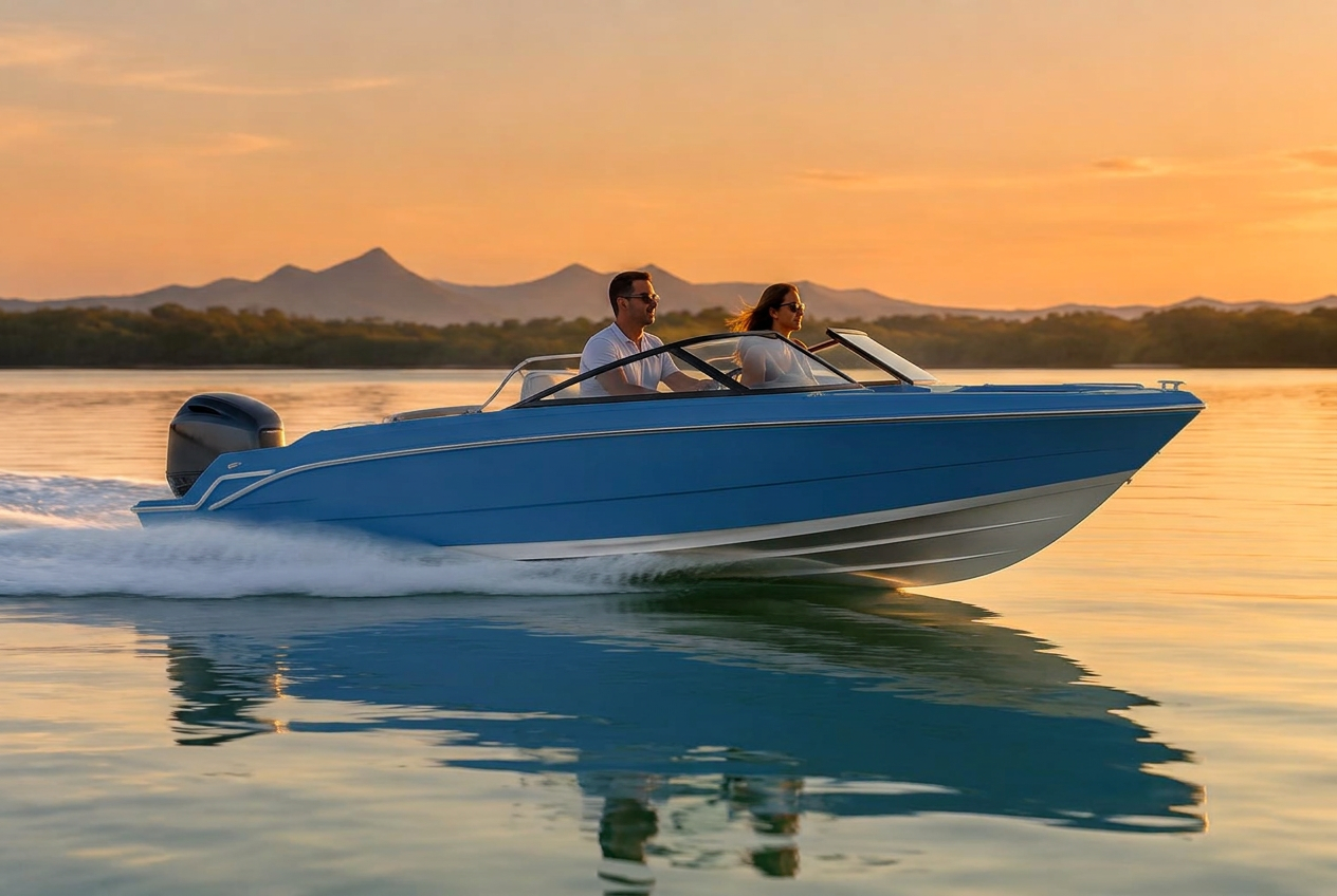 Aluminium Bowrider Amazing Photo by www.BOWRIDER-BOATS.com — Aluminium Bowrider Smooth Sunset Cruise Amazing Photo by www.BOWRIDER-BOATS.com — Golden hour side profile of a white aluminium bowrider cruising calm turquoise estuary water with almost no bow spray and a soft foam trail aft. Images Created by www.Bowrider-Boats.com. Images Created by www.Bowrider-Boats.com