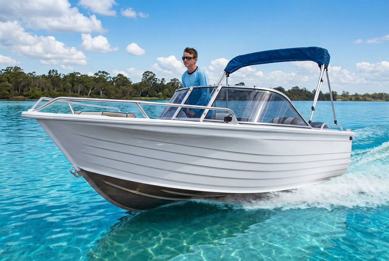 Quintrex Style White Aluminium Bowrider Amazing Photo by www.BOWRIDER-BOATS.com — Quintrex Style White Aluminium Bowrider On Crystal Clear Blue Water Amazing Photo by www.BOWRIDER-BOATS.com — White painted aluminium bowrider with blue bimini and bare silver lower hull planing at speed over crystal clear bright turquoise-blue water, spray only at the transom, demonstrating the dry smooth ride quality of a roll-formed Blade Hull. Images Created by www.Bowrider-Boats.com. Images Created by www.Bowrider-Boats.com