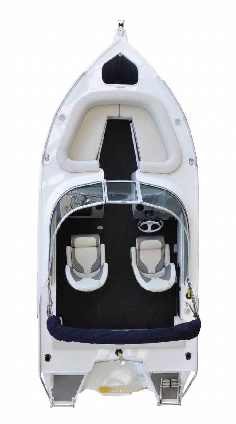 Aluminium Bowrider Amazing Photo by www.BOWRIDER-BOATS.com — Aluminium Bowrider Overhead Layout View Amazing Photo by www.BOWRIDER-BOATS.com — Top-down overhead studio view of a white aluminium bowrider showing bow lounge, walkthrough windscreen, helm dash and driver's console seats and transom. Images Created by www.Bowrider-Boats.com. Images Created by www.Bowrider-Boats.com