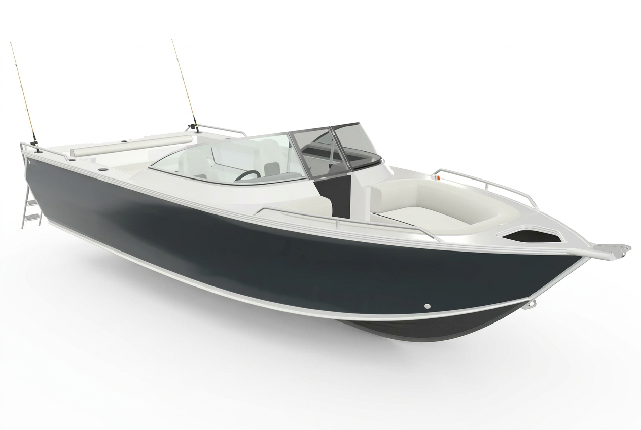 Charcoal Aluminium Bowrider Amazing Photo by www.BOWRIDER-BOATS.com — Charcoal Aluminium Bowrider Fishing Studio Amazing Photo by www.BOWRIDER-BOATS.com — Studio side and rear stern and swim platform view of a plain dark charcoal aluminium bowrider fishing boat with white interior and rod holders on the bow rails. Images Created by www.Bowrider-Boats.com. Images Created by www.Bowrider-Boats.com