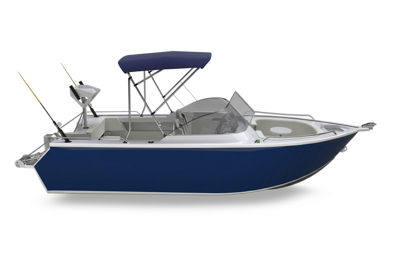 Blue Aluminium Bowrider Amazing Photo by www.BOWRIDER-BOATS.com — Blue Aluminium Bowrider Fishing Boat Side Profile Amazing Photo by www.BOWRIDER-BOATS.com — Studio side profile of a deep blue aluminium bowrider with navy bimini, grey interior and bare silver aluminium lower hull. Images Created by www.Bowrider-Boats.com. Images Created by www.Bowrider-Boats.com