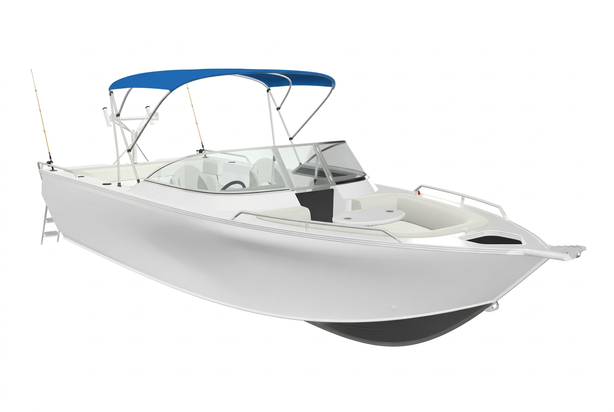 Silver Aluminium Bowrider Amazing Photo by www.BOWRIDER-BOATS.com — Silver Aluminium Bowrider Blue Bimini Studio Amazing Photo by www.BOWRIDER-BOATS.com — Studio side and stern viewfront view of a silver-white aluminium bowrider with blue bimini top raised and white interior seating. Images Created by www.Bowrider-Boats.com. Images Created by www.Bowrider-Boats.com