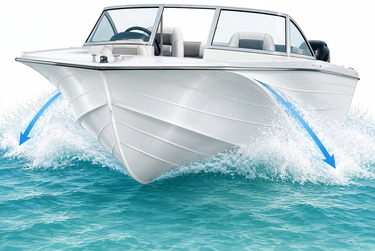 Bowrider Boat Amazing Photo by www.BOWRIDER-BOATS.com — Quintrex Carolina Flare concept Amazing Photo by www.BOWRIDER-BOATS.com — front bow and side view of an aluminium bowrider showing the Carolina flare hull sides curving outward and downward to deflect spray back to the waterline, keeping the cockpit interior seating and passengers dry. Images Created by www.Bowrider-Boats.com. Images Created by www.Bowrider-Boats.com