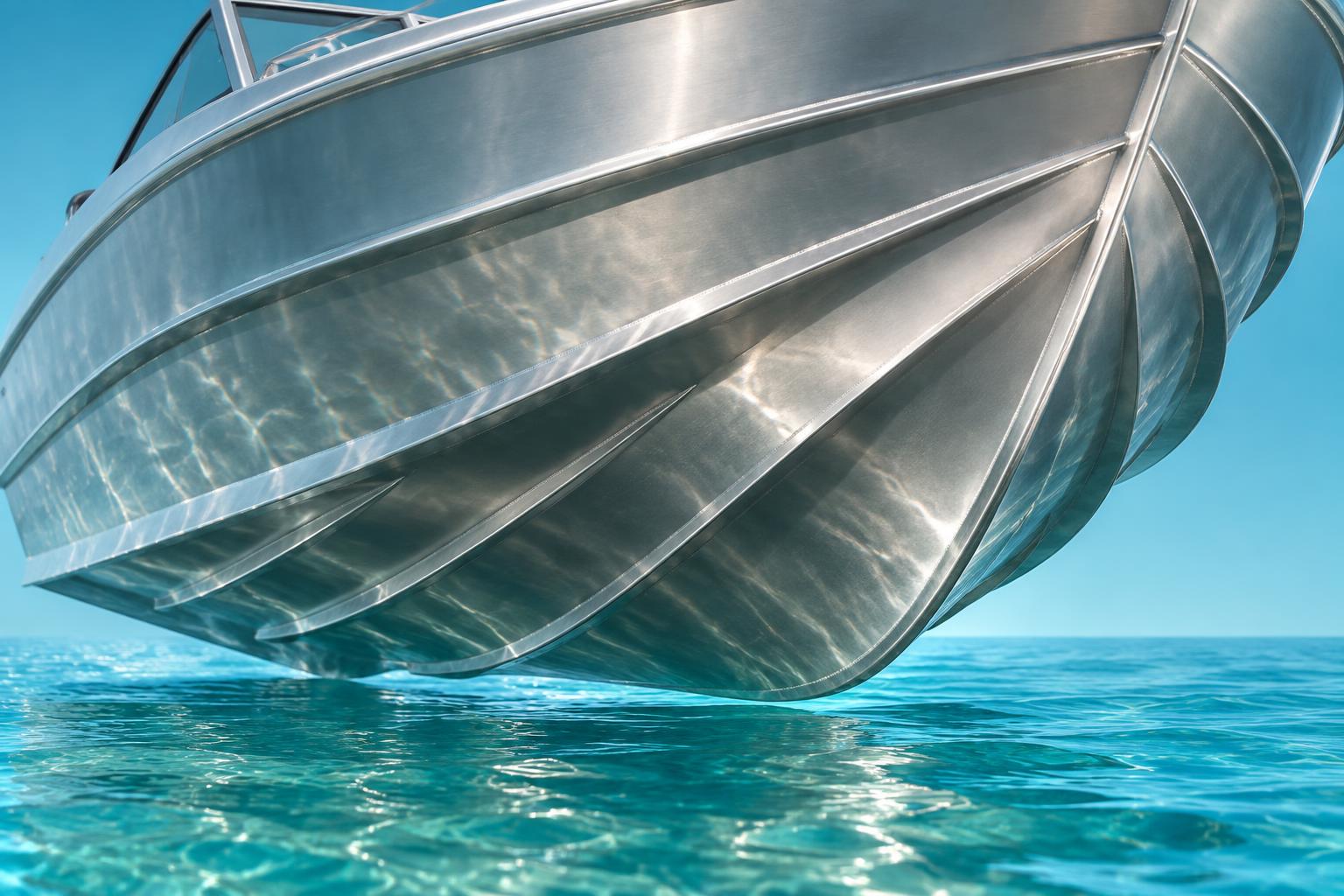 Bowrider Boat Amazing Photo by www.BOWRIDER-BOATS.com — Quintrex roll-formed aluminium Blade Hull — detailed underside view showing concave and convex curves, longitudinal strakes, reverse chines and a sharp bow entry. Images Created by www.Bowrider-Boats.com